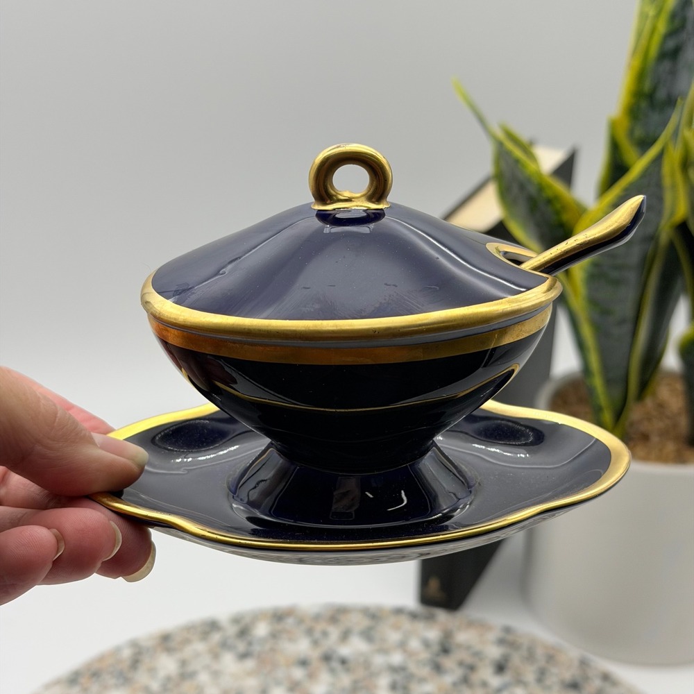 Limoges Vintage Cobalt Blue Gold Trim Porcelain Mini Tureen Pot with Spoon Set